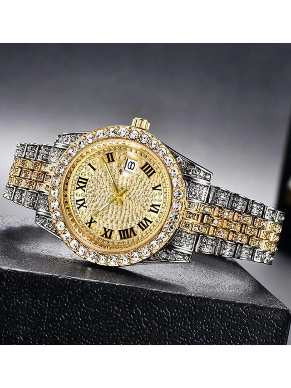 Mens Silver Gold Analog Crystal Rhinestone Diamond Iced-Out Bracelet Wrist Watch